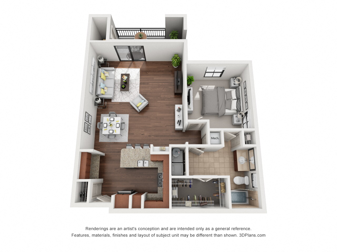 Floor plan for 1 bed, 1 bath, 1002 sqft
